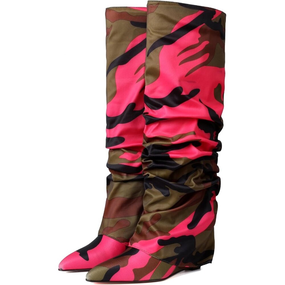 Oiamenne Pink Camo Women's Fold Over Boots Slouched Ruched Knee High Boots